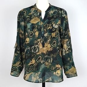 Denver Hayes Women's 2 Piece Abstract Green Tan Floral Semi Sheer Blouse S